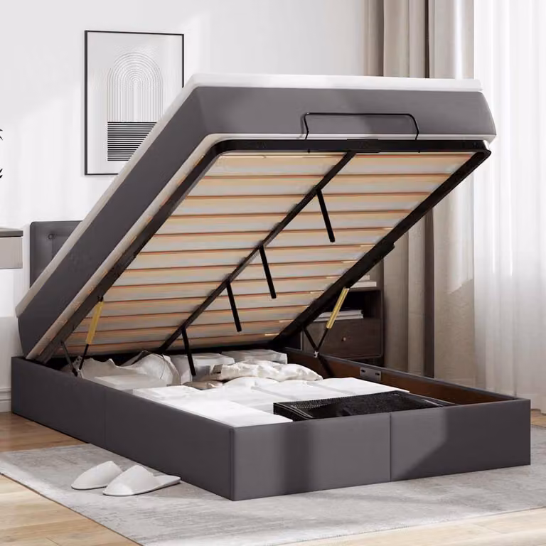 vidaXL Struttura Letto con Contenitore a Sollevamento e Materasso in Similpelle Grigio e Bianco L/P/H: 120 x 200 x 88 cm