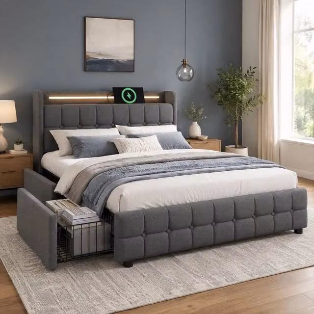 Letto matrimoniale contenitore 180x200 cm con USB; LED e 4 cassetti; grigio