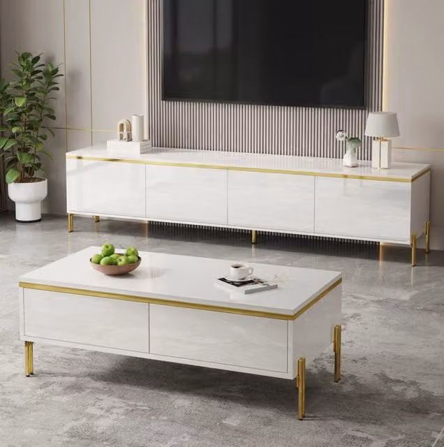 Set mobile TV e tavolino bianco lucido con dettagli dorati; 170×38×50 cm + 100×50×36 cm