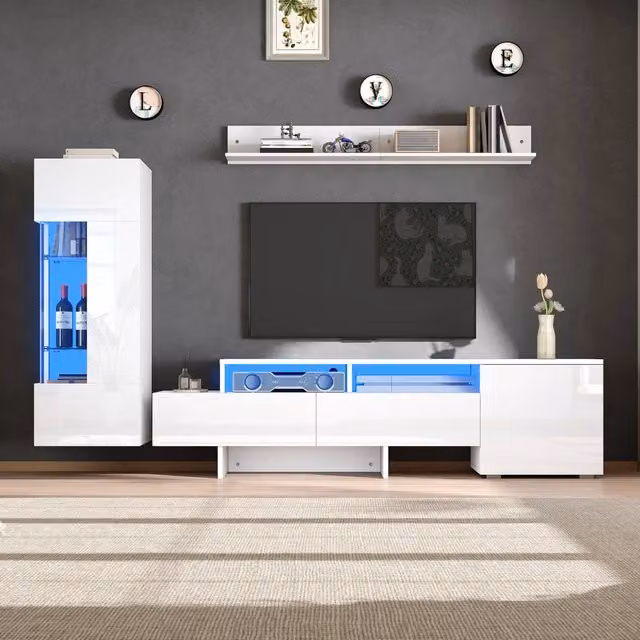 Mobile TV Set REDOM da 3 pezzi con LED Bianco lucido L: 170 cm, P: 45 cm, H: 53,78 cm – 1