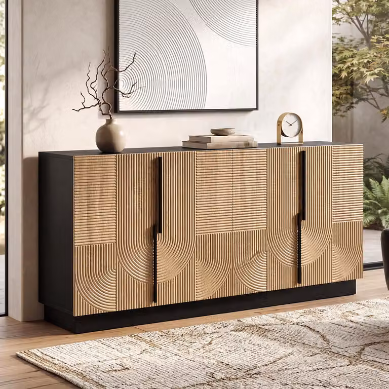 Credenza Merax con 4 ante e frontale a rilievo, cassettiera con maniglie in metallo, mobile da sala da pranzo e da ingresso, mobile da soggiorno in PB e MDF, nero + naturale