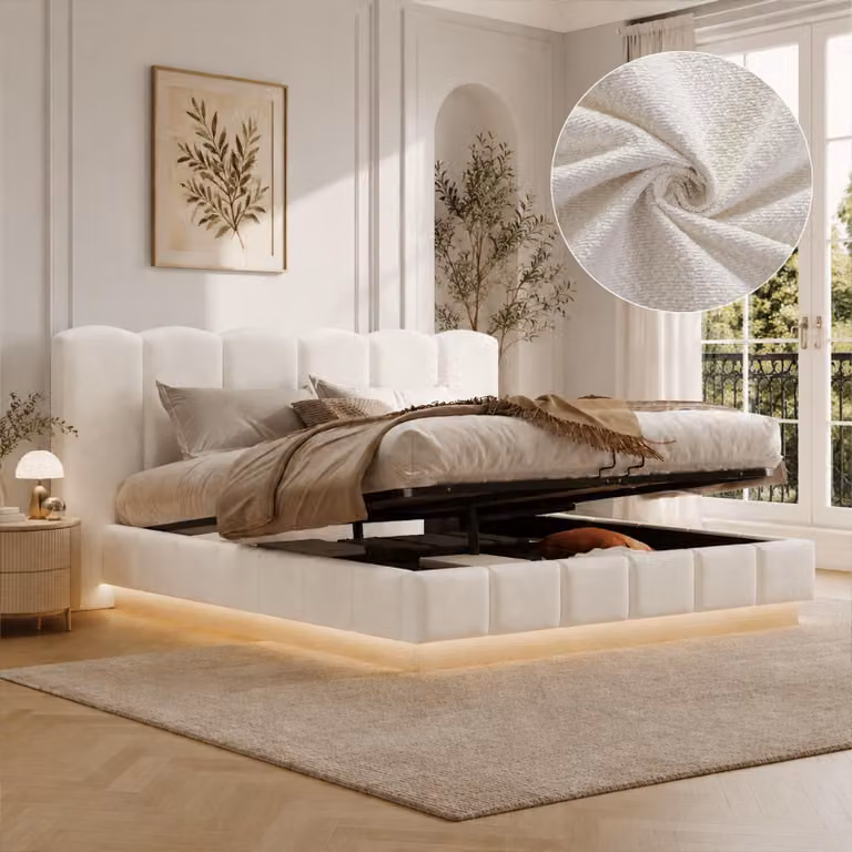 Letto imbottito Flieks, 180x200 cm, con rivestimento in ecopelle. Letto a scomparsa per ragazzi, matrimoniale, con spazio contenitore. Letto contenitore in legno con testiera imbottita, rivestito in tessuto bouclé, colore bianco