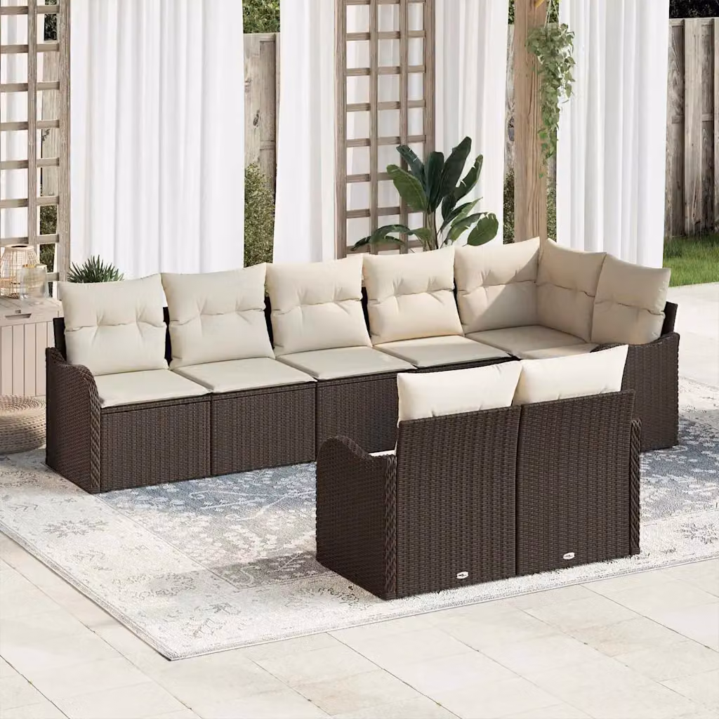 Set Divano da Giardino vidaXL 8 pz a Forma a L in Polyrattan Marrone e Bianco con Cuscini e Struttura in Acciaio Verniciato a Polvere