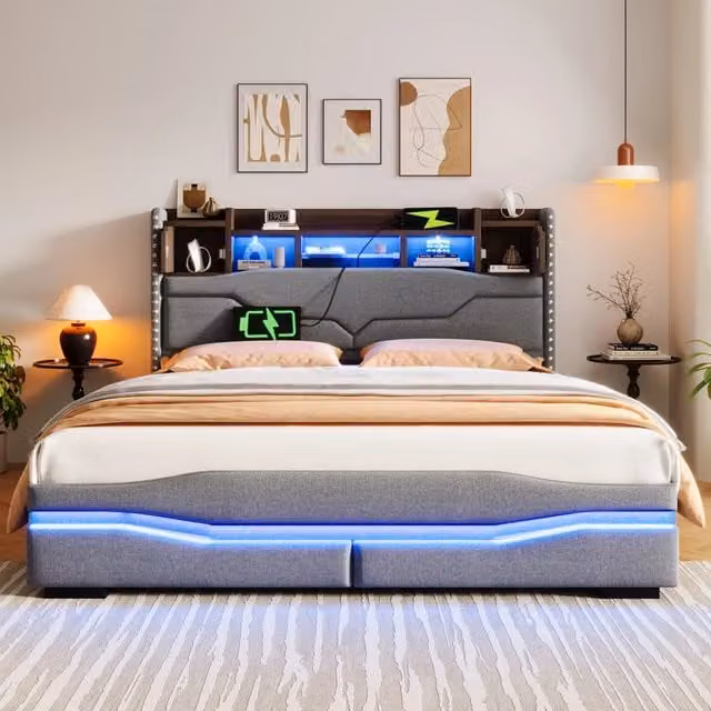 Letto contenitore matrimoniale in lino grigio con illuminazione LED, porte USB e Type-C, L/P: 160 x 200 cm