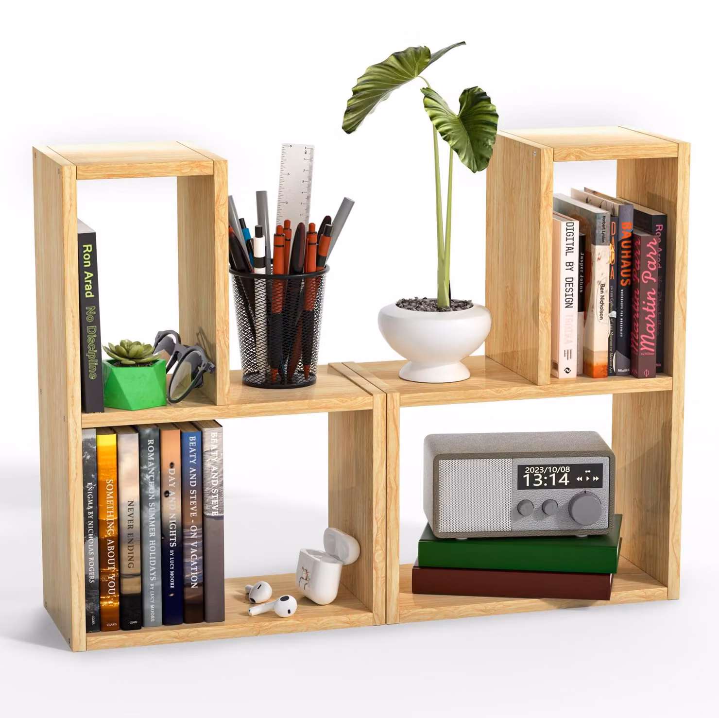 Pianetto da scrivania, set di 2 ripiani in legno, organizer multifunzionale per soggiorno e ufficio