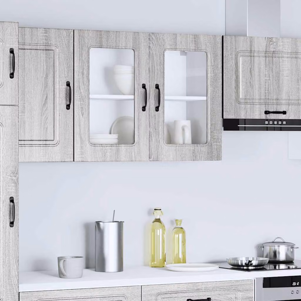 Pensile da cucina moderno vidaXL Kalmar con ante in vetro, Grigio Sonoma, L: 80 cm, H: 60 cm, P: 31 cm
