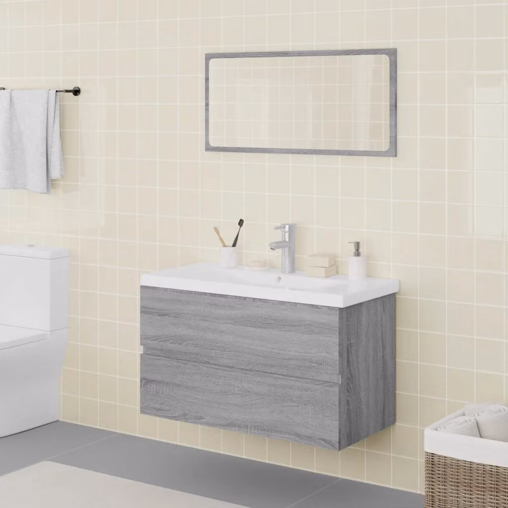 Set di mobili da bagno moderno vidaXL con mobile lavabo e armadietto specchio in bianco e grigio, L/P/H: 80 x 39,5 x 45 cm