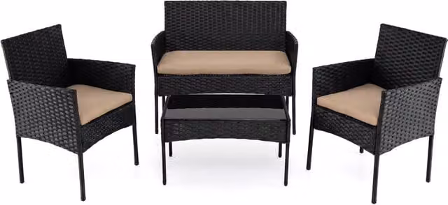 Salotto da giardino in rattan 4 pz con divano poltrone e tavolino vetro, Set esterno con cuscini per balcone terrazzo e patio Tortora