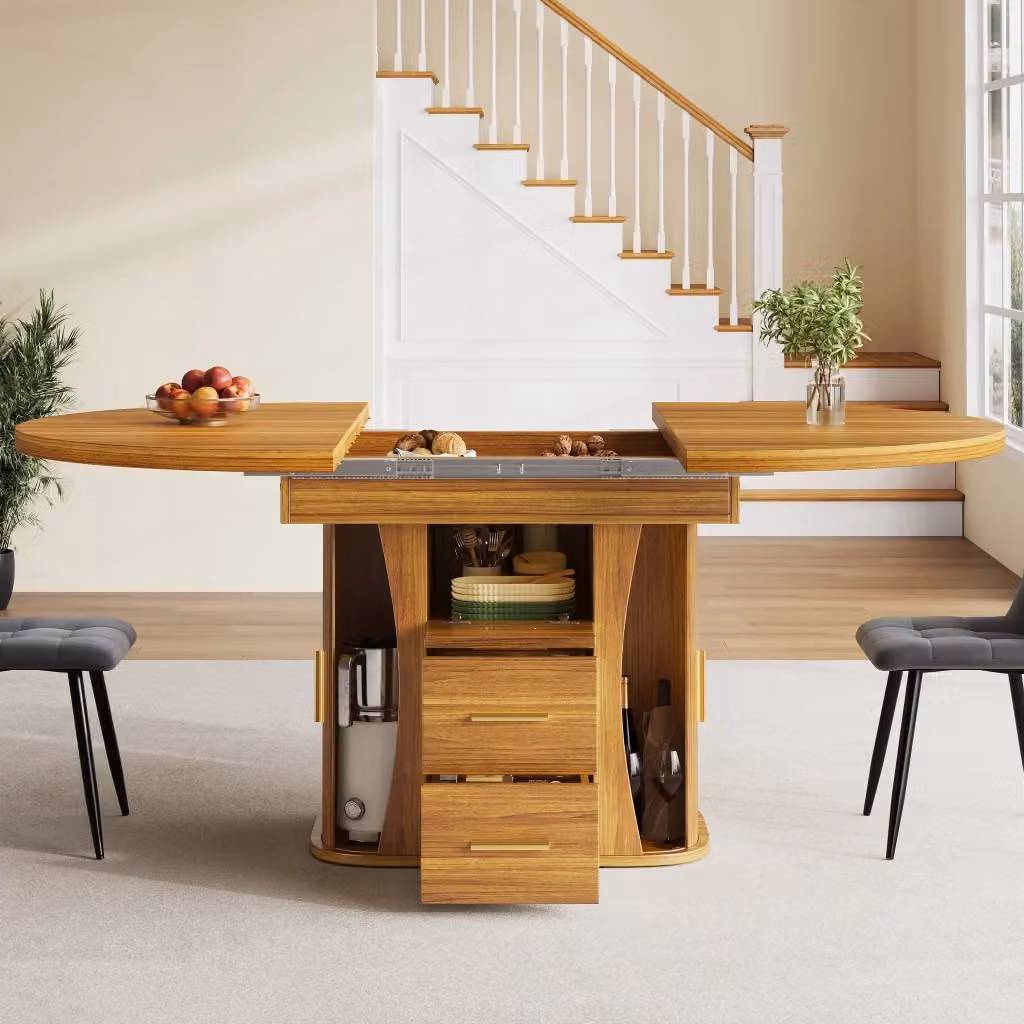 Tavolo da pranzo ovale allungabile con piano scorrevole e vano contenitore in MDF noce, L/P/H: 118 x 118 x 77 cm (estendibile fino a 158 cm) – 2