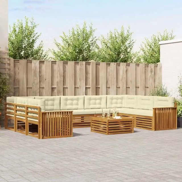 Set di divani da esterno a L vidaXL in legno di acacia con cuscini beige e bianco