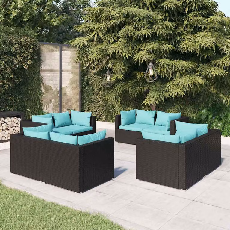 vidaXL Set Salotto da Giardino a L in Polyrattan con Cuscini Blu e Nero e Struttura in Acciaio Verniciato a Polvere per 8 Persone