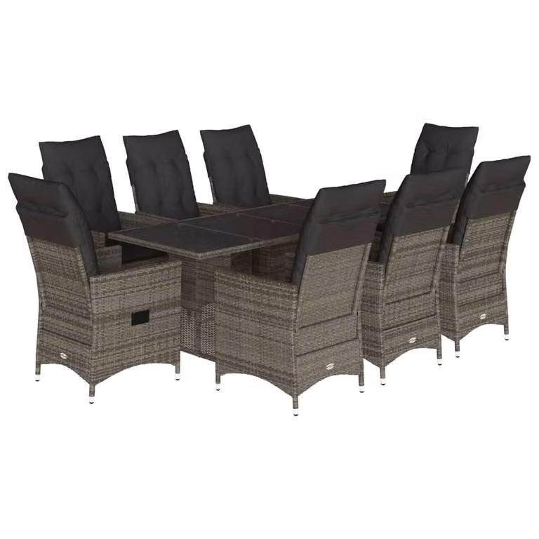 Set da Pranzo da Giardino 9 pz con Cuscini in Polyrattan Grigio