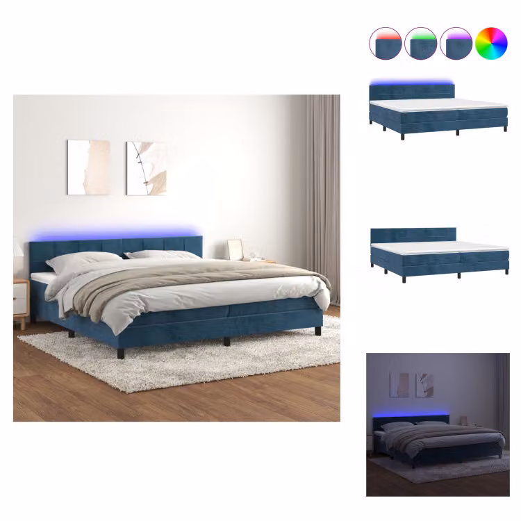 vidaXL Letto a molle con materasso e LED in velluto blu scuro 200x200 cm - Letti & strutture letto