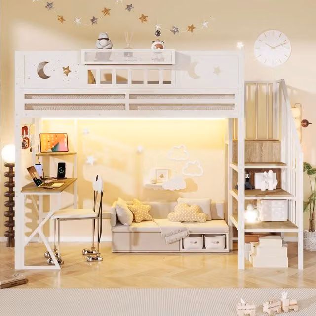 Letto a soppalco 90x200 con scrivania in metallo e MDF; bianco; LED e USB