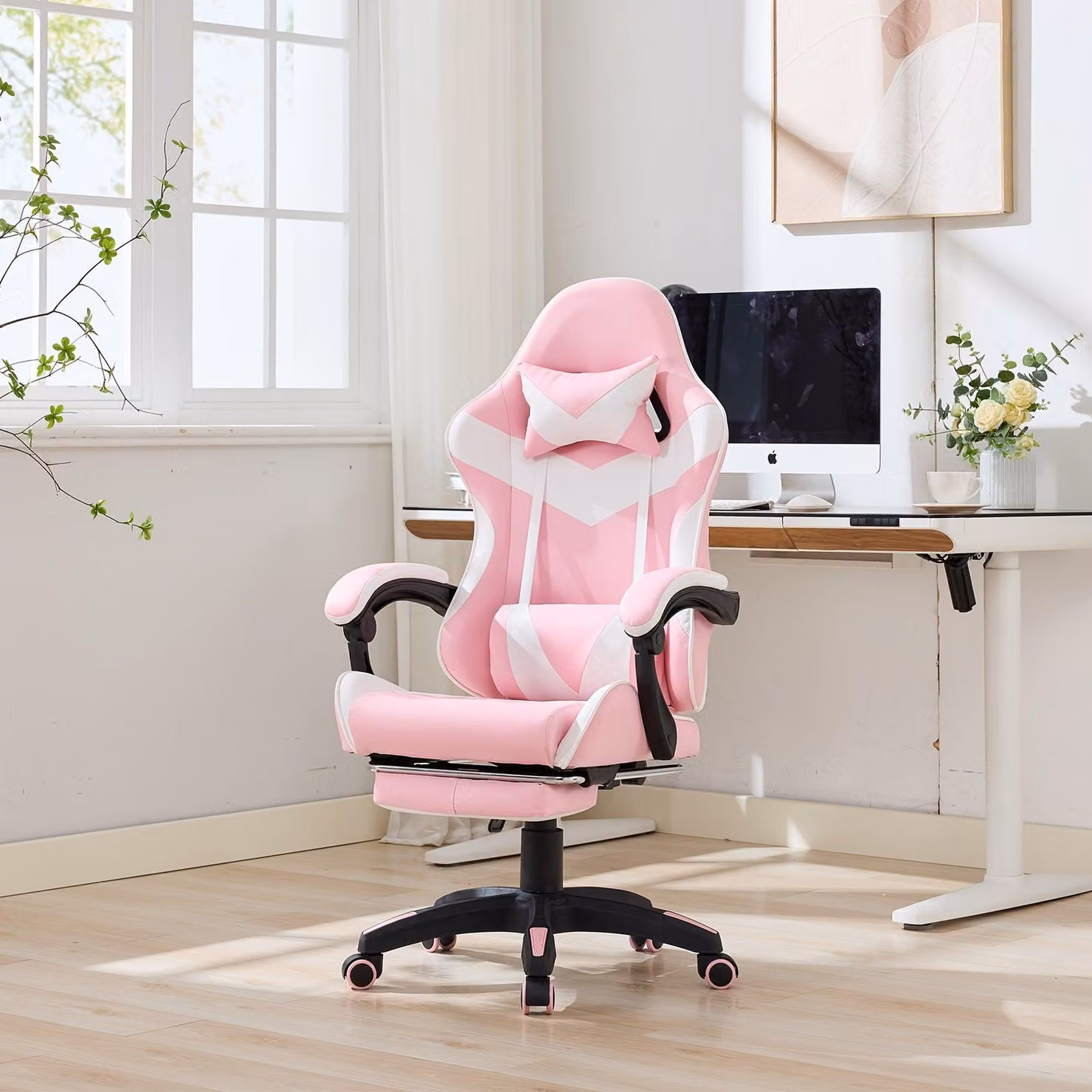Sedia da gaming – Sedia per videogiochi – Sedia ergonomica – Sedia da scrivania – Design ergonomico – Altezza e poggiapiedi regolabili – Rosa e bianco