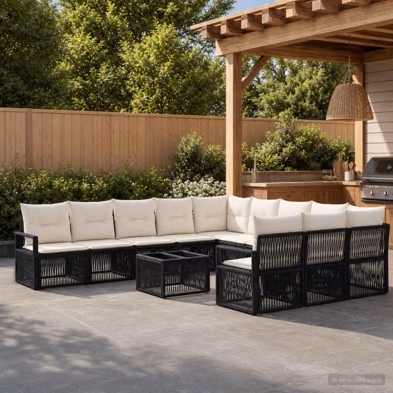 Set Divano da Giardino vidaXL 12 pz Nero con Poltrona, Elementi Angolari e Tavolino da Caffè in Polyrattan e Acciaio con Cuscini Inclusi