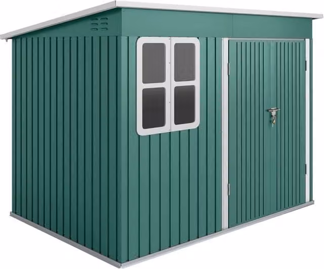 Casetta da giardino in metallo 260 x 177 x 190 cm verde con finestra e ampia porta