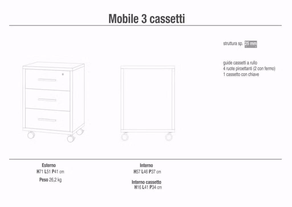 Cassettiera mobile SARMOG con 3 cassetti su ruote, colore Noce Stelvio e Bianco Ossido, L: 51 cm, P: 41 cm, H: 71 cm – 2