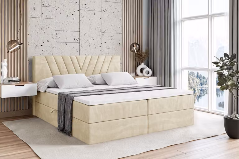 Letto boxspring ALTDECOR ERNINA, letto imbottito con testiera e contenitore - Materasso rigido (H4) - 120x200 - Velluto beige