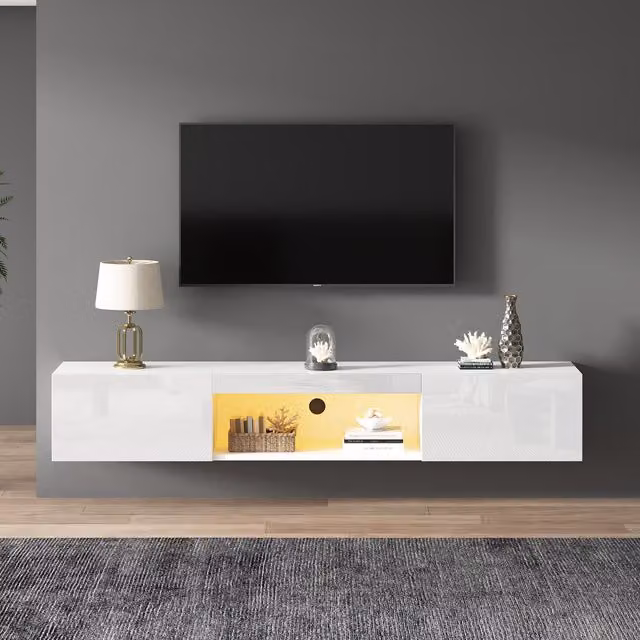Mobile TV moderno sospeso a parete con illuminazione LED integrata e controllo Bluetooth, Bianco, L: 160 cm, P: 31 cm, H: 22 cm
