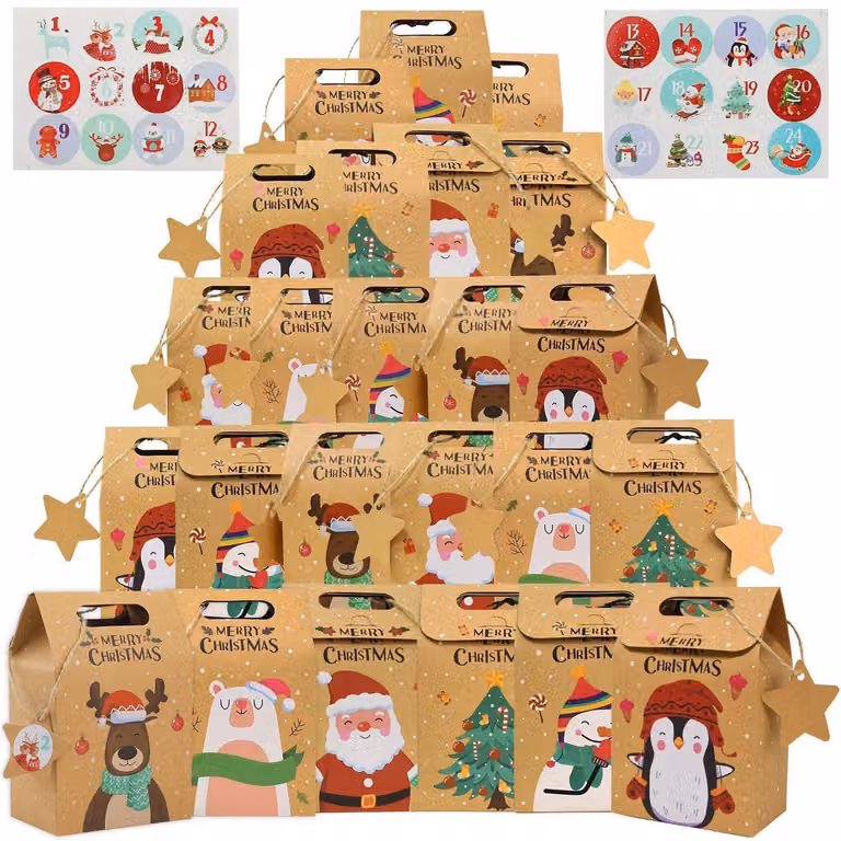 Sacchetti regalo natalizi, 24 pezzi, carta kraft, calendario dell'Avvento, scatole regalo con adesivi ed etichette, dimensioni 14x9,4x6 cm