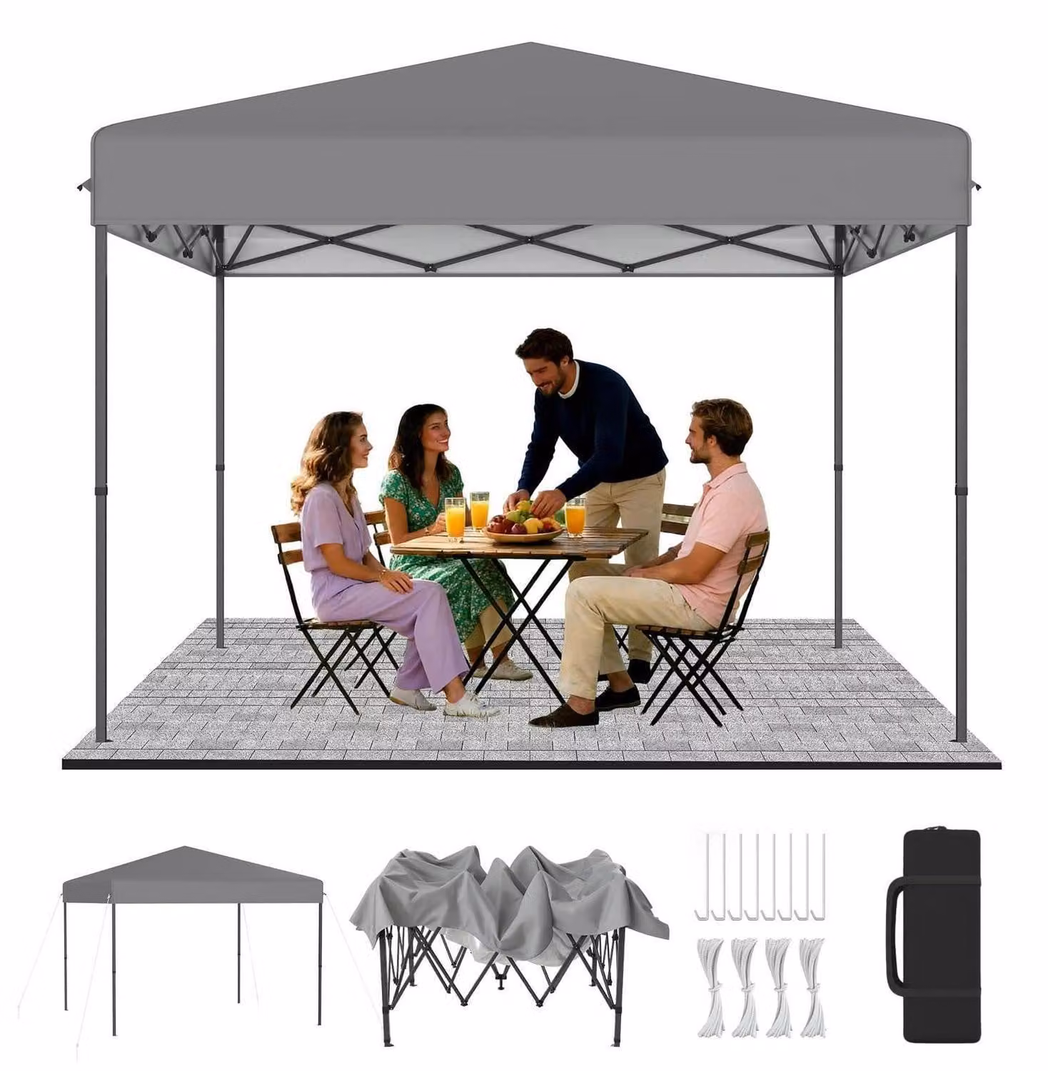 Padiglione pop-up 3x3 metri, color argento, con sistema di sollevamento a un solo tocco, regolazione dell'altezza in 3 posizioni (240-260 cm), copertura in tessuto Oxford 210D