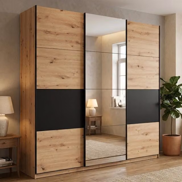 Armadio da camera da letto DMORA con ante scorrevoli, finitura rovere e dettagli in vetro, L: 262.5 cm, H: 224 cm