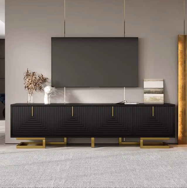 Mobile TV ULEVR 160x38x44,5 cm con 4 ante, ripiani interni e piedini regolabili, nero con dettagli dorati