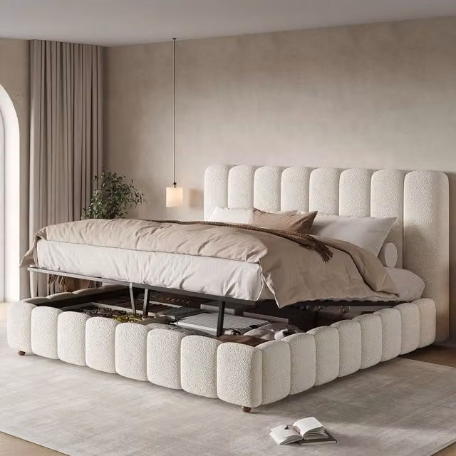Letto contenitore imbottito matrimoniale ¨C Minimal ¨C Bianco boucl¨¦ rete a doghe 180x200cm
