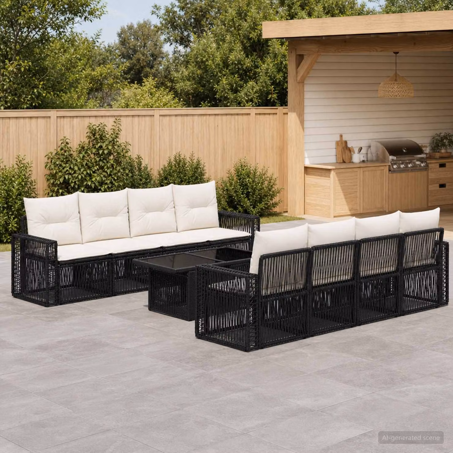 Set Divano da Giardino vidaXL 9 pz in Polyrattan Nero e Bianco Crema con Tavolino e Cuscini Imbottiti