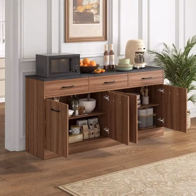 Credenza da cucina con 3 cassetti; 2 vani e ripiani regolabili in MDF noce con piano effetto cemento
