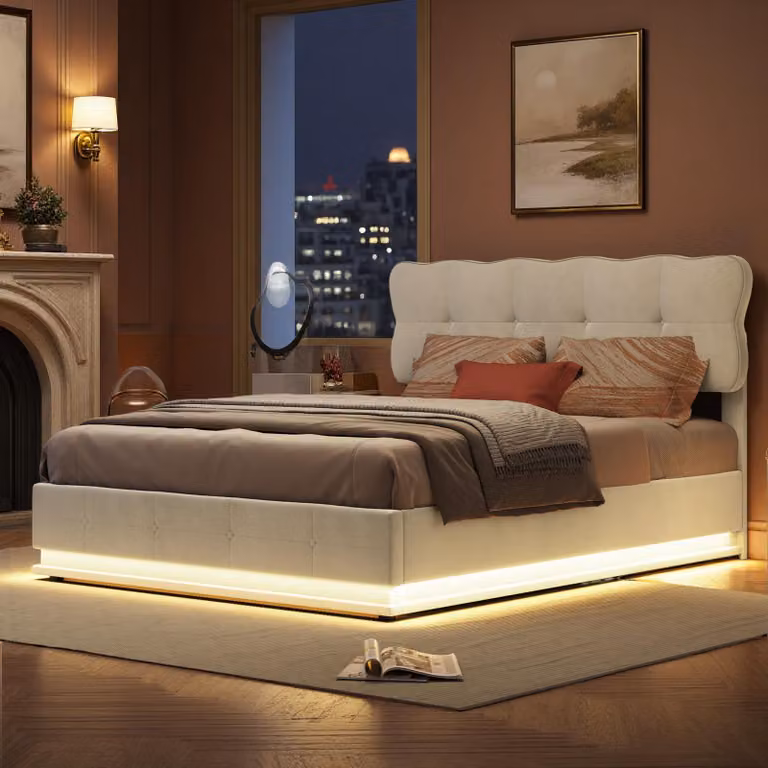 Letto imbottito ProximaX 160x200 cm in velluto beige con illuminazione a LED e contenitore con molla a gas - letto matrimoniale moderno con rete ed effetto flottante