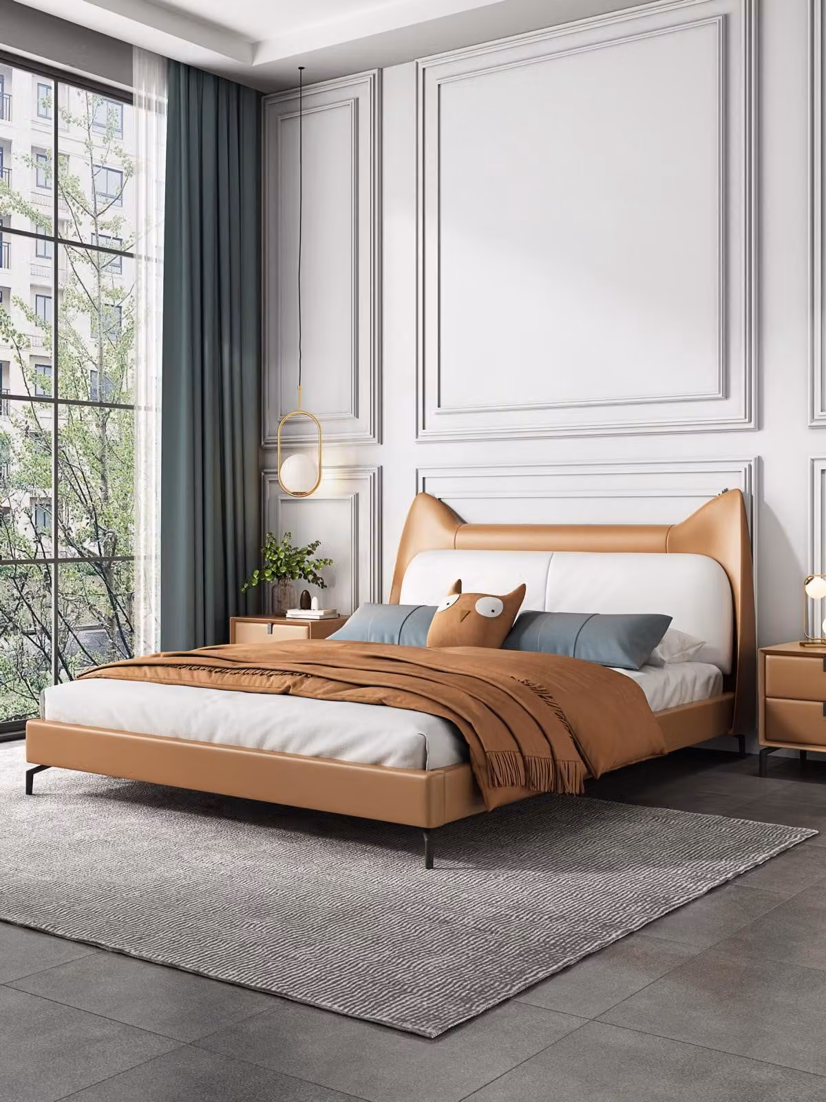 Modernes Hotel Leder Stoff Doppelbett 160x200cm Designer Bett Doppel Betten