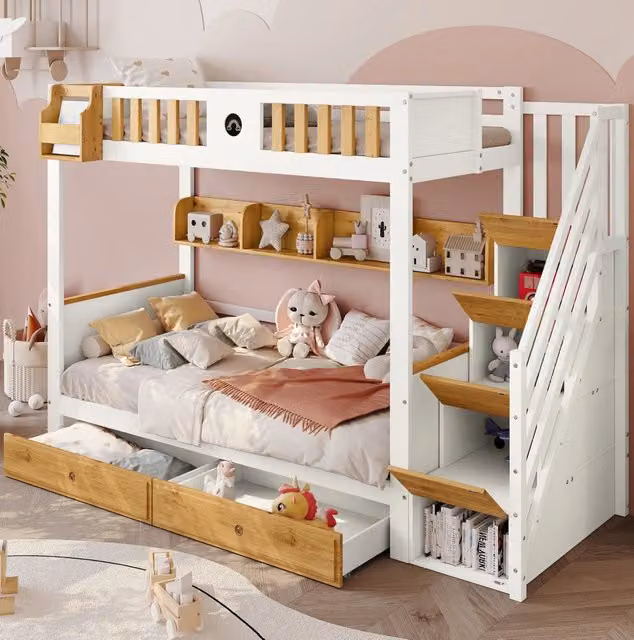 Letto a castello ULEVR 90x200 cm con scala contenitore, 2 cassetti, ripiani e protezione anticaduta, bianco naturale