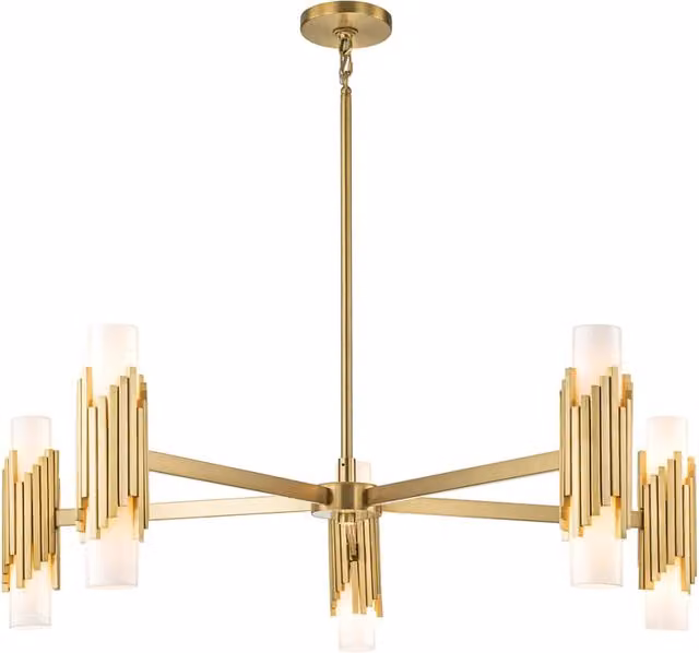 Lampadario a sospensione Marvele Elstead in ottone e vetro opalino bianco, regolabile in altezza, 10xE14