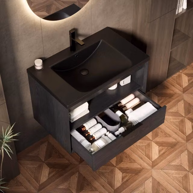 Mobile bagno sospeso con lavabo integrato in ceramica nera, struttura in multistrato, cassetto e ripiano aperto