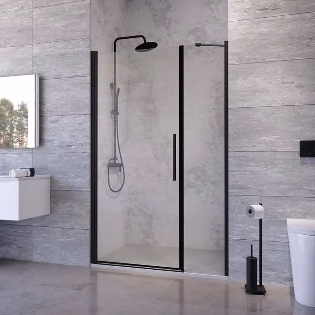 Porta doccia 106-111cm apertura a battente con profili nero opaco e vetro da 6mm trasparente h195 | Elba