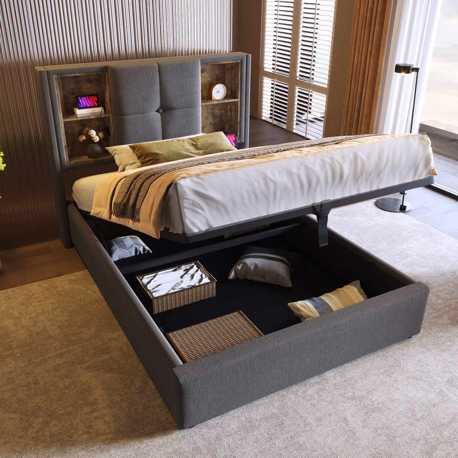 Letto imbottito Flieks 90x200cm con USB e tipo C, letto contenitore a molle idrauliche con rete a doghe, letto matrimoniale letto per ragazzi letto in legno, cotone, grigio