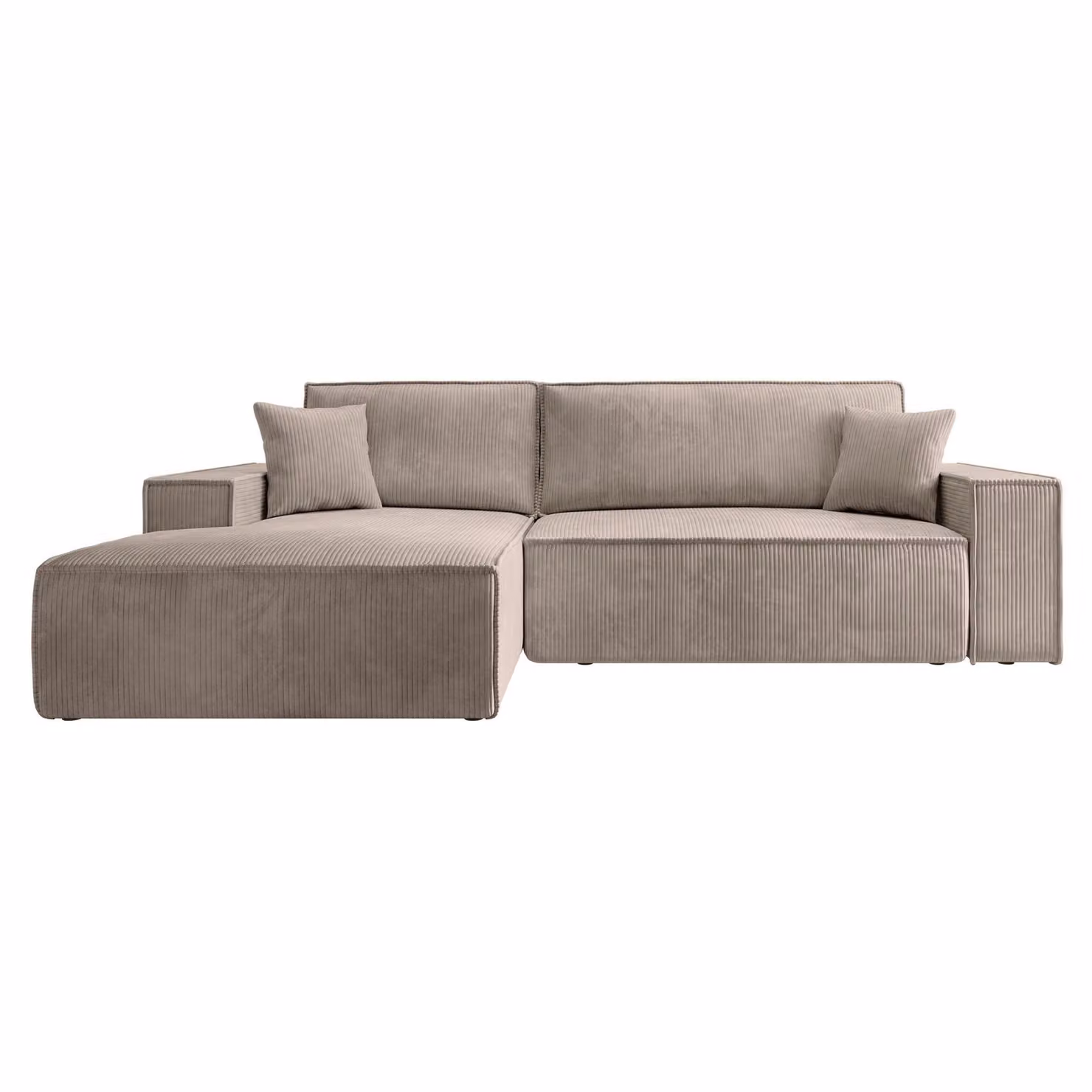 Divano angolare Farese con funzione letto e rete, pouf a sinistra, rivestimento a coste in beige