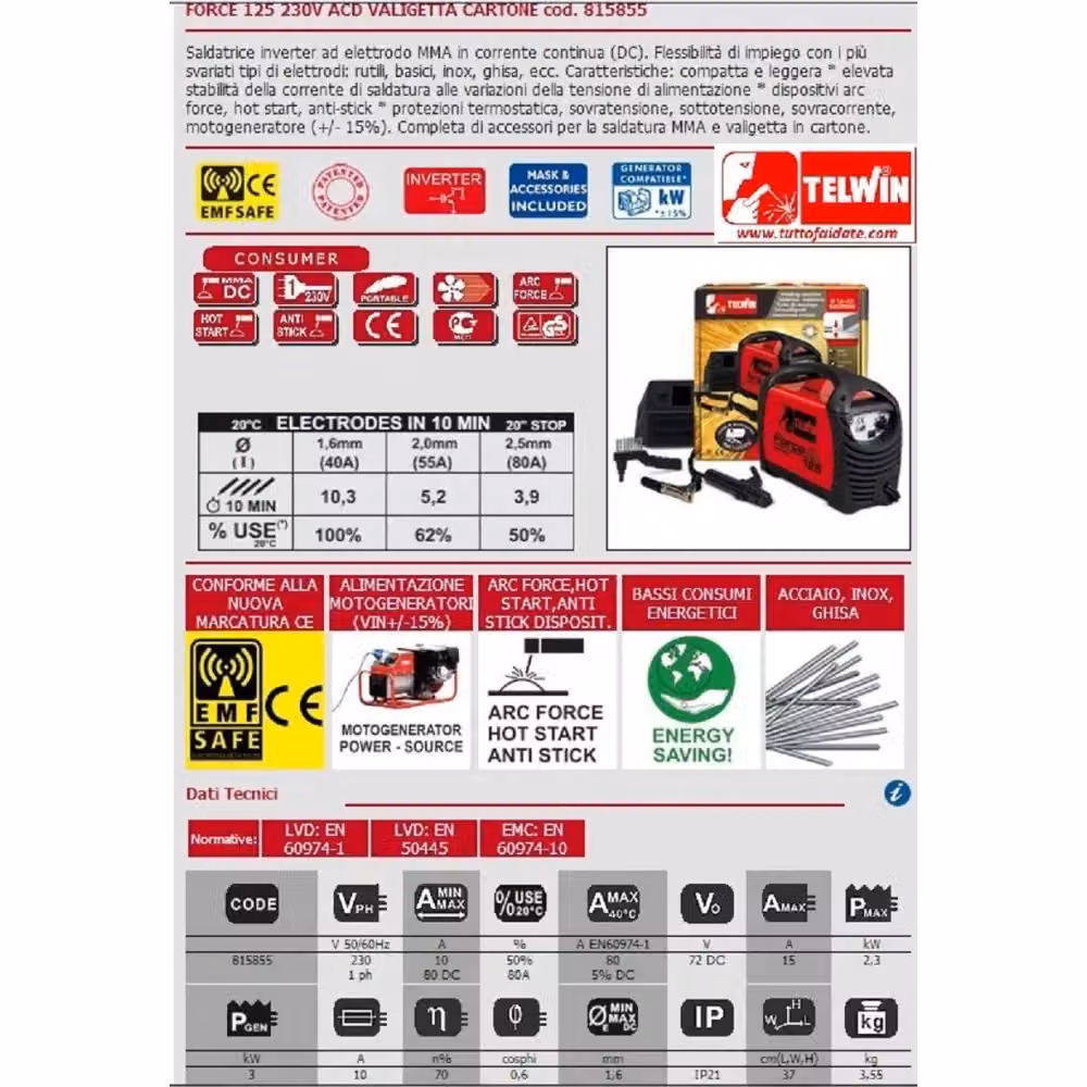Saldatrice Inverter MMA Telwin Force 125 con Accessori, Colore Rosso – 2