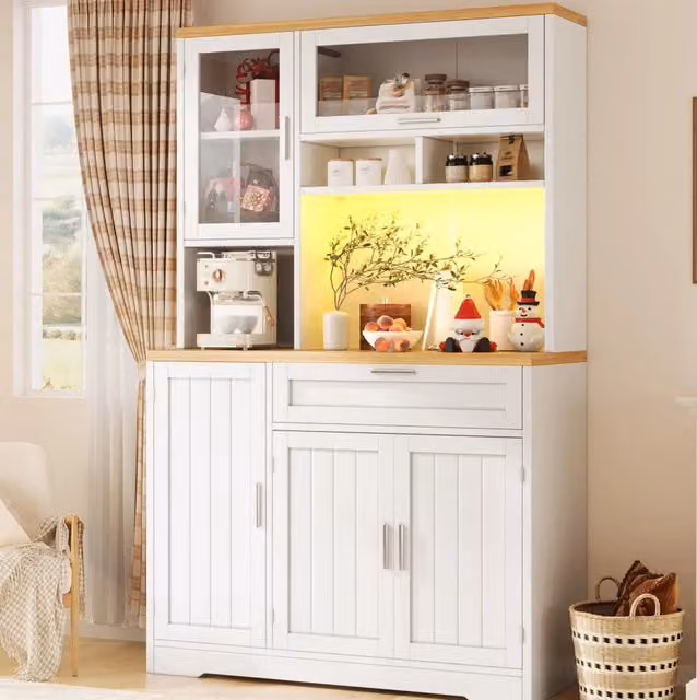 Credenza moderna bianca con ante in vetro e illuminazione integrata, L/P/H: 104 x 40 x 180 cm