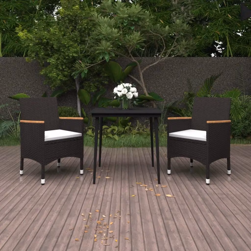 Set da Pranzo da Giardino Moderno in Polyrattan con Tavolo in Vetro e Cuscini, 3 Pezzi, Bianco e Nero – 2