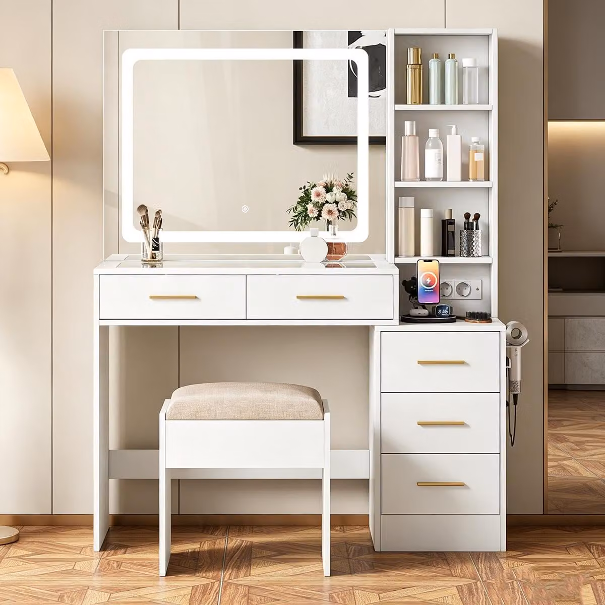 Comò da trucco bianco con specchio a LED, 5 cassetti e 3 vani aperti, tavolino da trucco con supporto regolabile, completo di sgabello