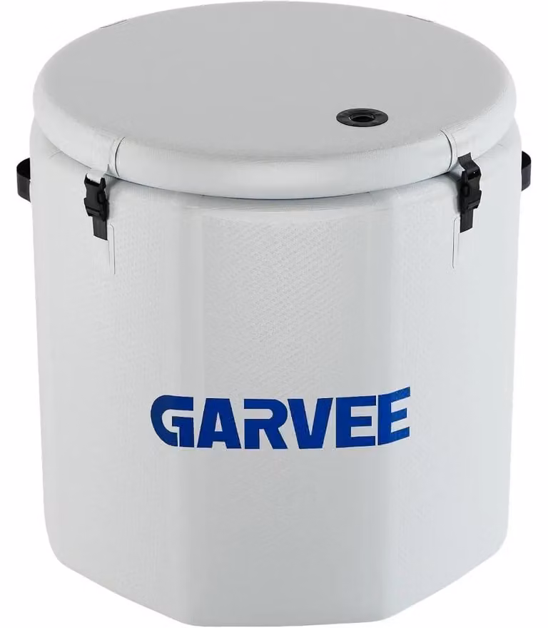 Contenitore gonfiabile per ghiaccio - Vasca criogenica cilindrica - Diametro 100 cm, altezza 90 cm - Capacità 700 litri - Realizzato in PVC con coperchio isolante - Portatile, ideale per il recupero muscolare - Bianco/Blu