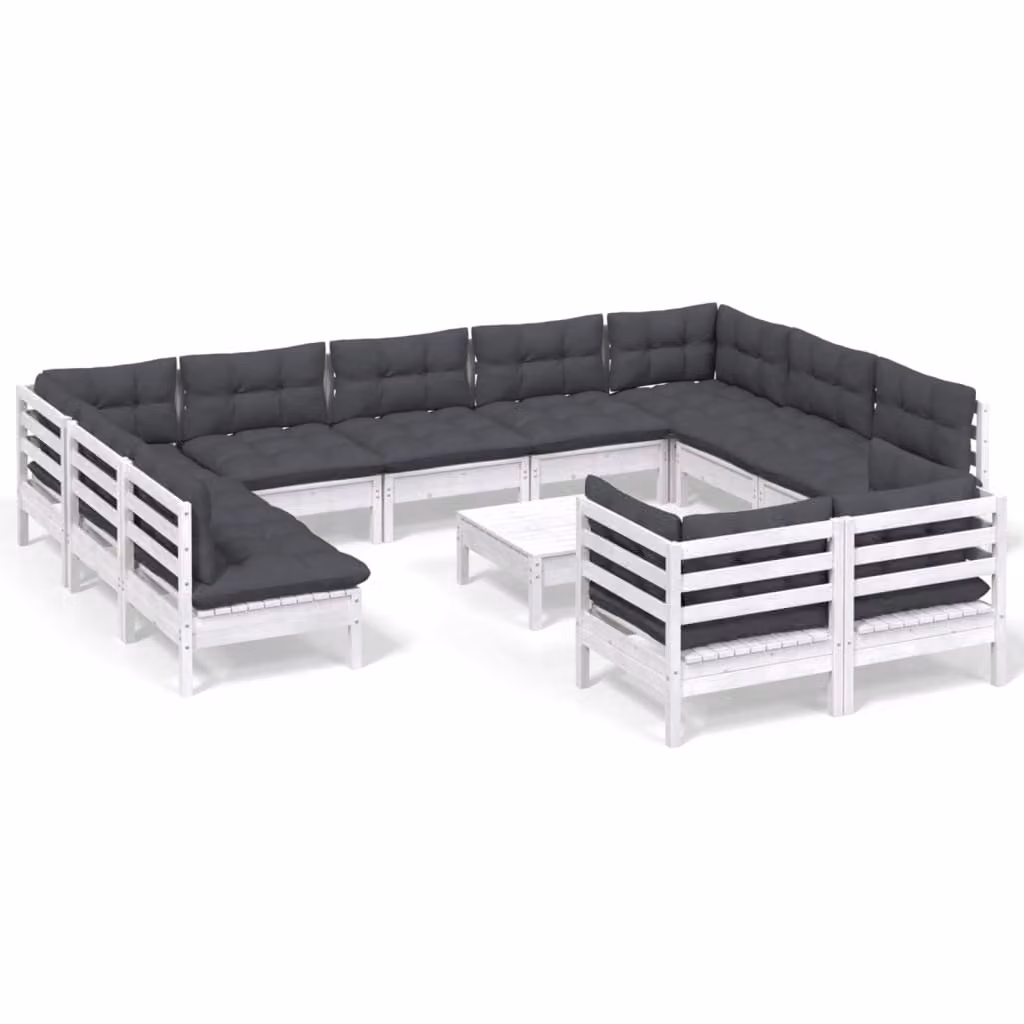 Set Divani da Giardino 12 pz con Cuscini Bianchi Legno di Pino