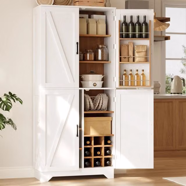 Mobile contenitore cucina WISHDOR in MDF bianco e beige con 4 ante, portabottiglie e ripiani interni, L/P/H: 80 x 40 x 180 cm