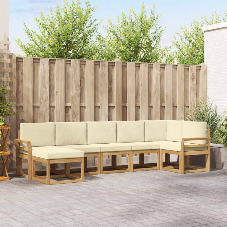 Set di divani da esterno vidaXL a forma di L composto da 7 pezzi in legno di acacia con cuscini in tessuto bianco, beige e marrone