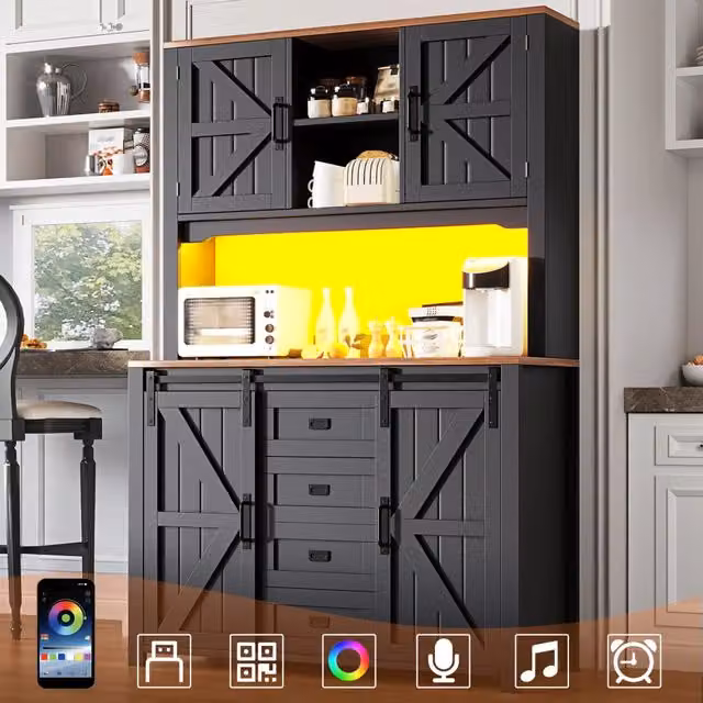 Mobile da cucina 115x40x174,7 cm, credenza alta con ante scorrevoli e illuminazione LED, nero/bianco