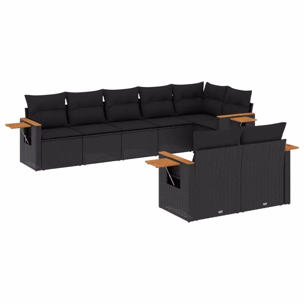 Set di divani da giardino vidaXL a forma di L con cuscini e tavolino da esterno, 8 pezzi, in polyrattan nero con struttura in legno di acacia e metallo – 2