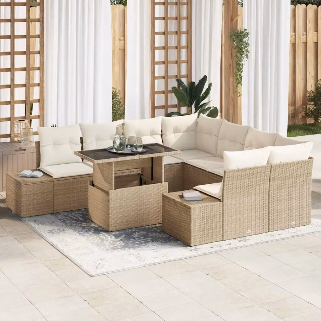 Set Divano da Giardino Moderno vidaXL 9 Pezzi Beige con Tavolino e Cuscini Resistenti alle Intemperie – 1